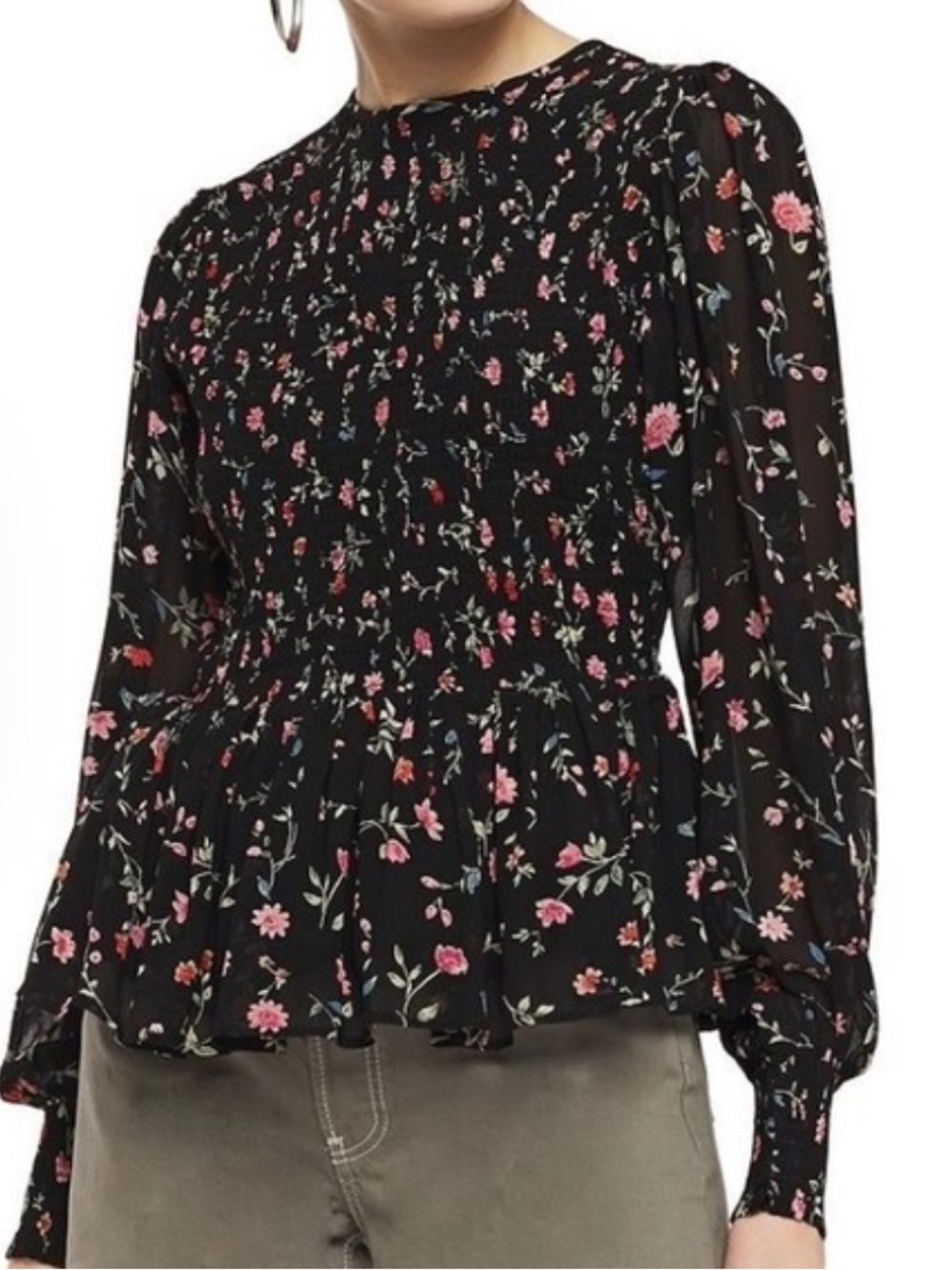Ganni Elm Printed Peplum Shirred Blouse Size M